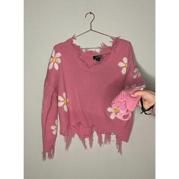 Just Polly Pink Daisy Flower Cropped Raw Hem Distressed Sweater Size Medium - Picture 3 of 11